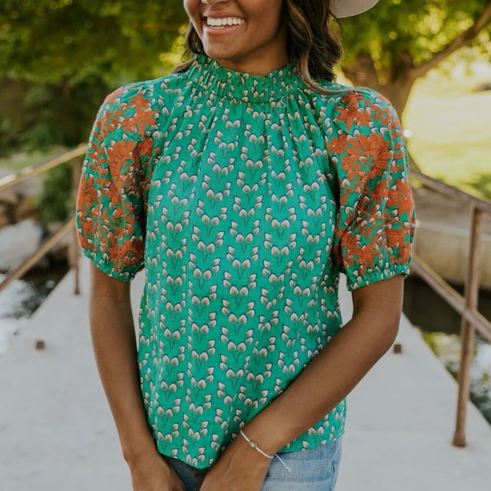 THML Anegada green women's embroidered puffer sleeve top blouse mock neck small - Picture 1 of 6